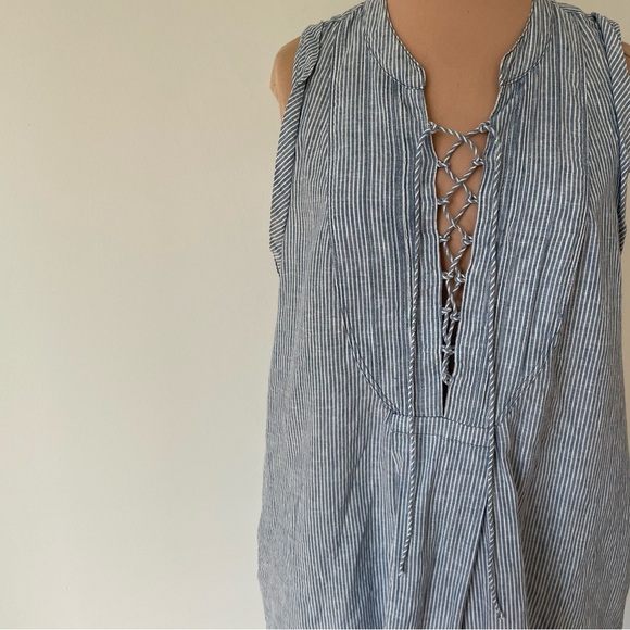 Free People Off Poplin Blue Stripe Chambray Combo Lace Up Mini Dress EUC Size S - Picture 7 of 12